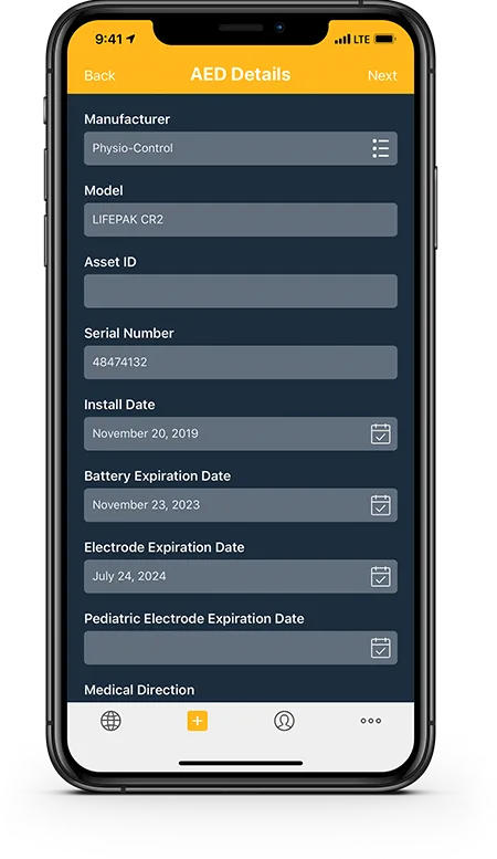 AED device and consumable information supporting expiration reminders and manufacturer notices.